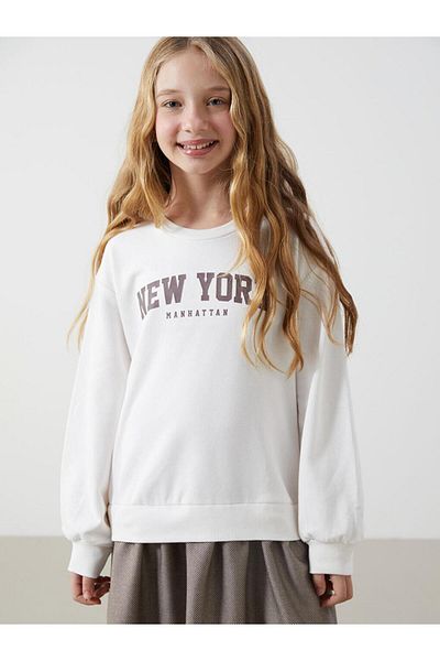 LC Waikiki Lcw Kids Ecru Crew Neck New York Printed Girls' Dress