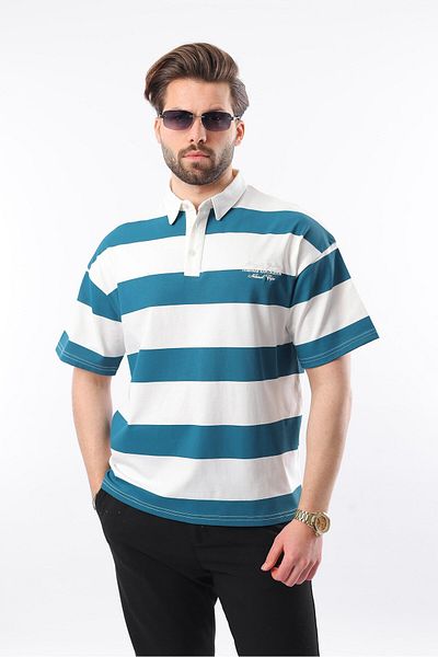 Madmext Benzínově modré oversize barevné tričko Polo s výstřihem E7120