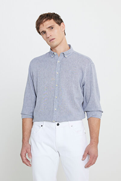 ALTINYILDIZ CLASSICS Erkek Gri Comfort Fit Rahat Kesim Düğmeli Yaka Keten Gömlek