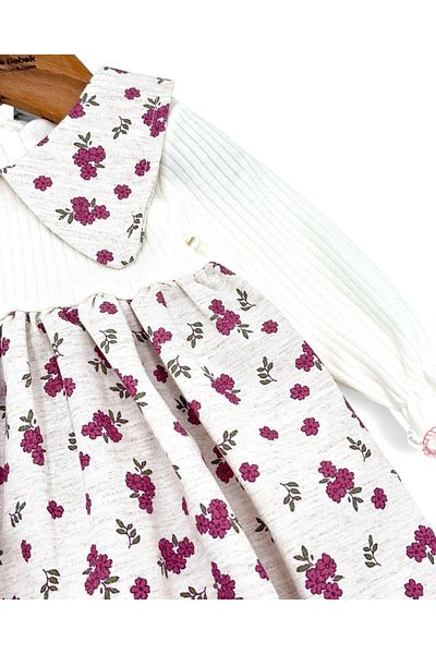 VOY KİDS Floral Printed Baby Girl Collar Detailed Linen Dress 3-6-9-12-18 Months