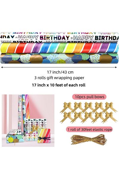 COOYA 3 Rolls Colourful Wrapping Paper Set, 10 Pcs Pull Bows & 30ft Elastic Rope for Gift Wrapping