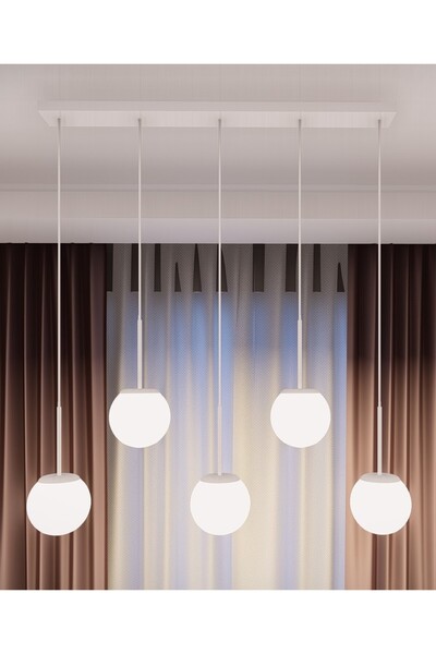 avizade Dora Modern Sıralı Avize - Beyaz Metal, Beyaz Cam, 5'li Sarkıt, E27 Duy, Yemek Masası Aydınlatması