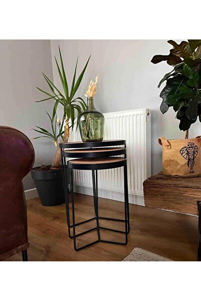 Yulu Mayıs Metal Ahşap 3'lü Siyah Zigon Sehpa