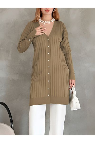 Modamorfo Metal Buttoned Slit Knitwear Cardigan -Mink