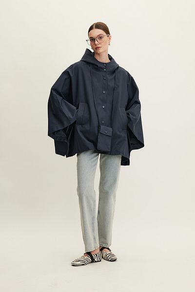 Manuka Navy Blue Cape Trench Coat - Bag Detailed
