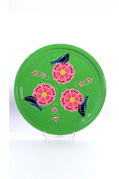 DEDEMİN EMAYELERİ 33 Cm Blue Flower Patterned Hand Painted Tray