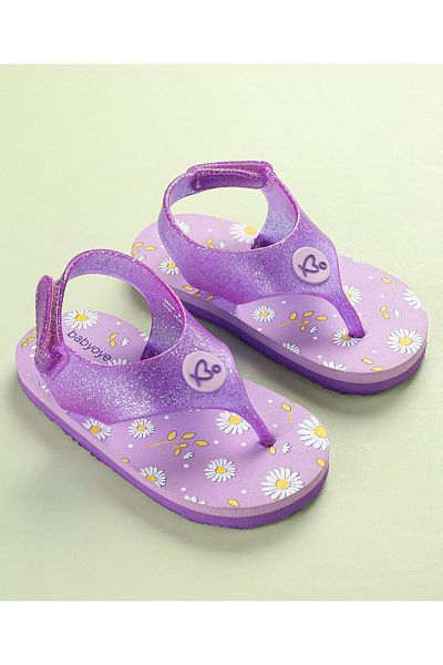 Babyoye Babyoye Slip On Flip Flops with Back Strap Velcro Closure & Floral Print - Purple