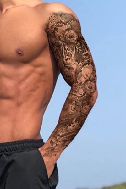 Barly Geçici Kaplan Ve Çiçek Kol Dövme Tattoo