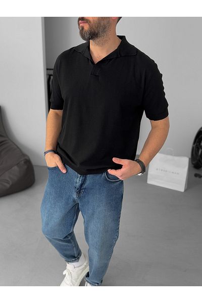 BYBASICMAN Black Polo Neck Ribbed Knitwear T-Shirt Yp-5005