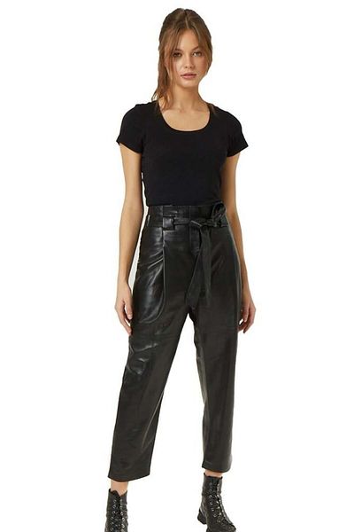 Deriderim Black Women's Carrot Cut Waist Belt Pocket High Waist Lined Genuine Leather Trousers
