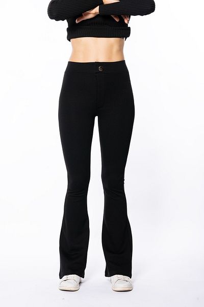 Grenj Fashion Black Button Detailed High Waist Flare Interlock Knitted Leggings Trousers