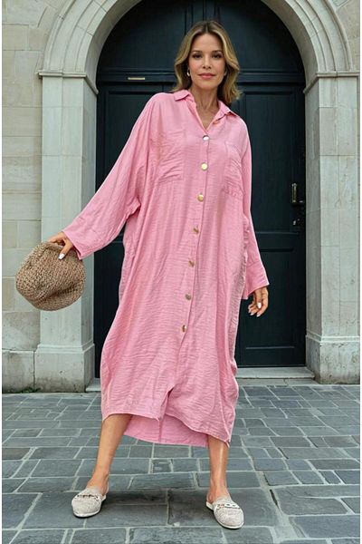 Pasaklı Giyim Women's Dusty Rose Bat Sleeve Suitable for Hijab Shirt Dress Linen Blended Tunic