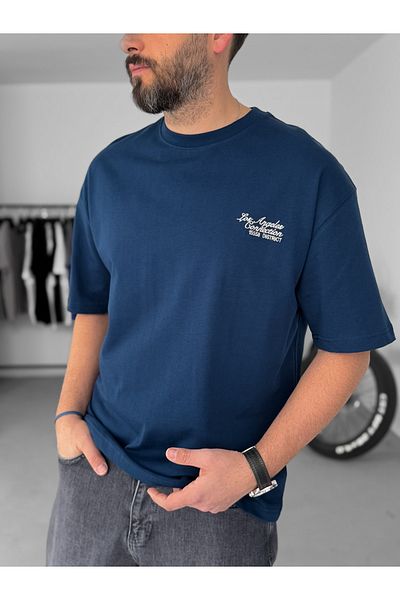 BYBASICMAN Navy Blue La Connetion Embroidered Oversize T-Shirt Pm-001