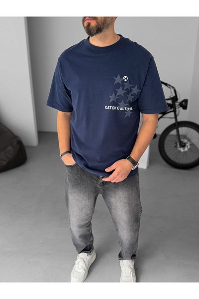 BYBASICMAN Navy Blue Star C Printed Oversize T-Shirt C-058