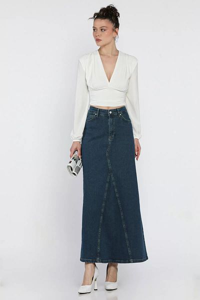 GÜLSELİ Fusta de damă albastru închis din denim