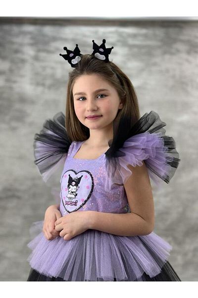 pistyle Rochie de eveniment lungă din tul tricotat cu inimă strălucitoare, neagră, mov, model Kuromi pentru fete