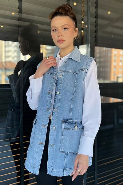 GÜLSELİ Vestă de blugi pentru femei Ice Blue cu buzunar dublu