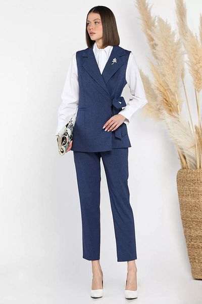 GÜLSELİ Navy Blue Women's Brooch Detailed Vest Trousers Double Set