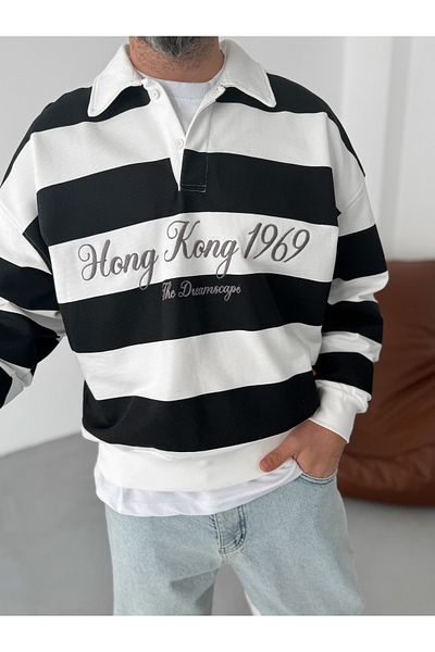 BYBASICMAN Black Striped Hong Kong Embroidered Sweat Jj-102