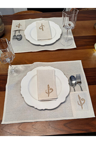 Menar Tasarım Dinner Presentation Set 6-Person American Cutlery Set Fabric Napkin Elif Vav Embroidered Tableware