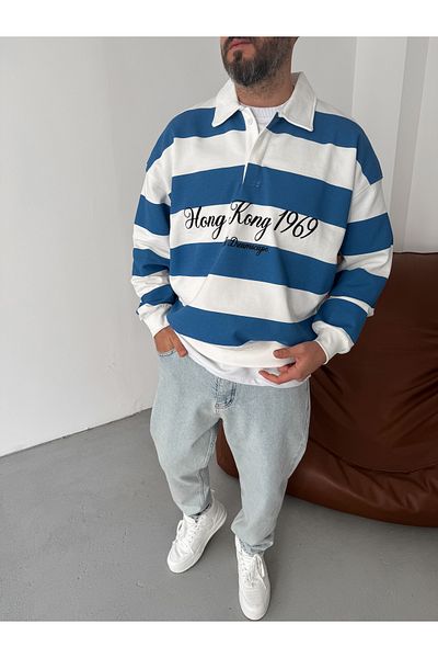 BYBASICMAN Blue Striped Hong Kong Embroidered Sweat Jj-102
