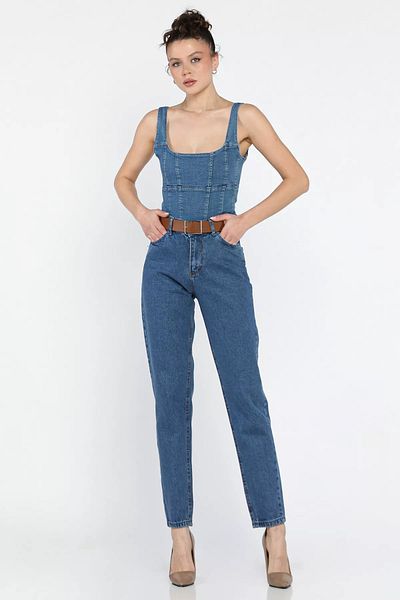 GÜLSELİ Pantaloni de damă albaștri cu blugi Mom Jean cu detaliu curea