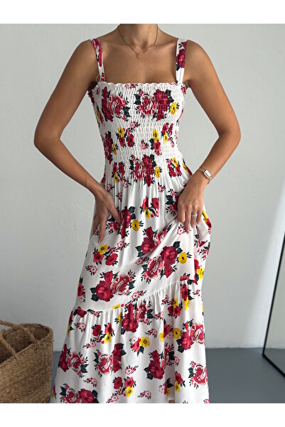 YUSUF CAN KARATAŞ KARATAŞ GİYİM Gimped Λευκό Floral Φόρεμα Δάπεδο Φόρεμα Υφαντό Βισκόζη 125 εκ.