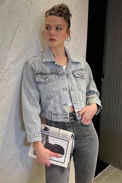 GÜLSELİ Light Gray Women's Slim Fit Jean Denim Jacket