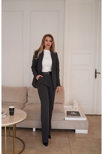 Rabia Çelik Women's Anthracite Striped High Waist Pants Single Button Blazer Jacket 2Li Suit