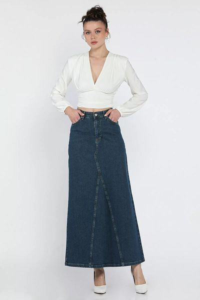 GÜLSELİ Fusta de damă albastru închis din denim