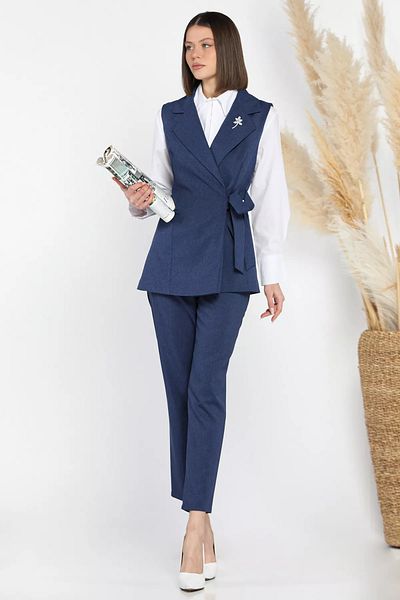 GÜLSELİ Navy Blue Women's Brooch Detailed Vest Trousers Double Set