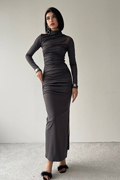 WOMAN VISION Dlouhé rukávy z průhledného tylu s elastickou pískovou tkaninou a rozparkem 206