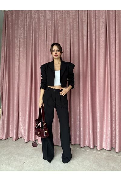 Rabia Çelik Women's Black Sleeves Gathered Jacket Pants Suit