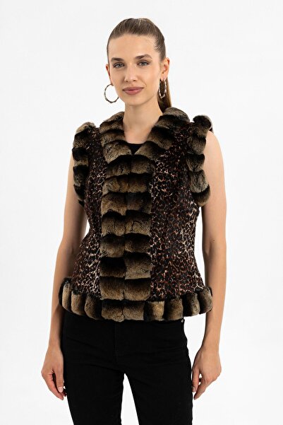 Deriderim Brown Women's Leopard Feather Genuine Leather Vest