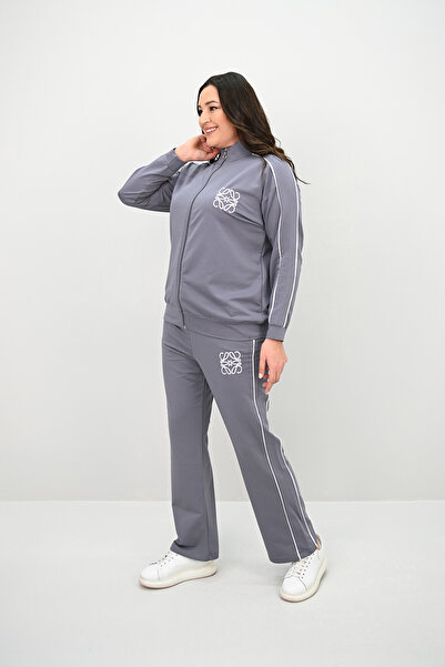 Koza Butik Women's Plus Size Zippered Two Thread Embroidery Detailed Tracksuit Set 8152-25-1