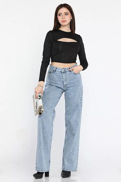 GÜLSELİ Pantaloni de blugi de damă, cu talie înaltă, brodate cu panglică albastră
