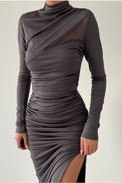 vuvutasarım Stretchy Sandy Fabric Sheer Tulle and Slit Detail Stand Collar Long Sleeve Midi Length Gray Dress 206