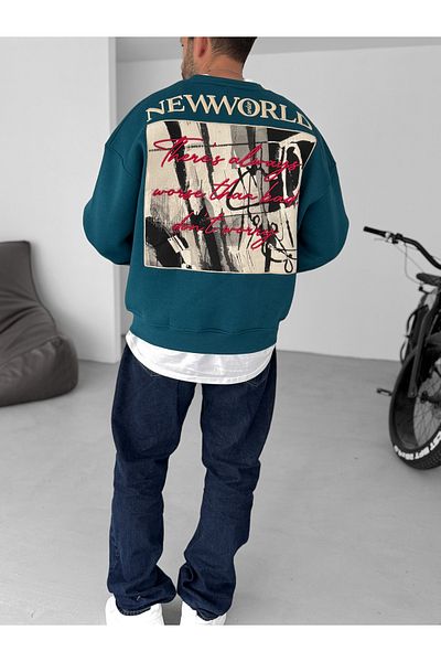 BYBASICMAN Petrol Blue New World Back Patch Sweat Jj-228
