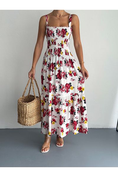 YUSUF CAN KARATAŞ KARATAŞ GİYİM Gimped Λευκό Floral Φόρεμα Δάπεδο Φόρεμα Υφαντό Βισκόζη 125 εκ.