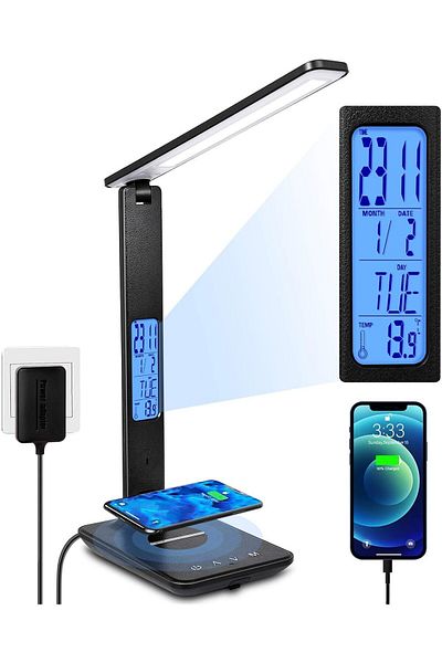 COOYA LED Desk Lamp,with Wireless Charger,with Built-in Clock, Calendar,Thermometer and Automatic Timing