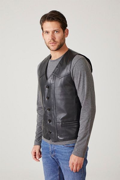 Deriderim Vestă Eldon Black pentru bărbați din piele naturală