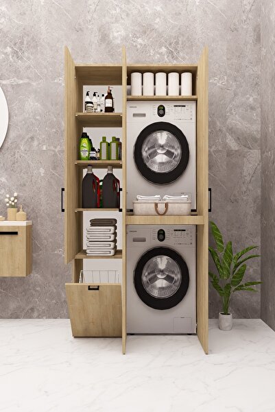 DEMİRBAL MOBİLYA Mdf Çamaşır Makinesi Kurutma Makinesi Dolabı Sepetli Kapaklı