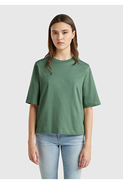 United Colors of Benetton Γυναικείο ανοιχτό πράσινο μπλουζάκι 100% βαμβακερό μπλουζάκι με σε σχήμα κουτιού