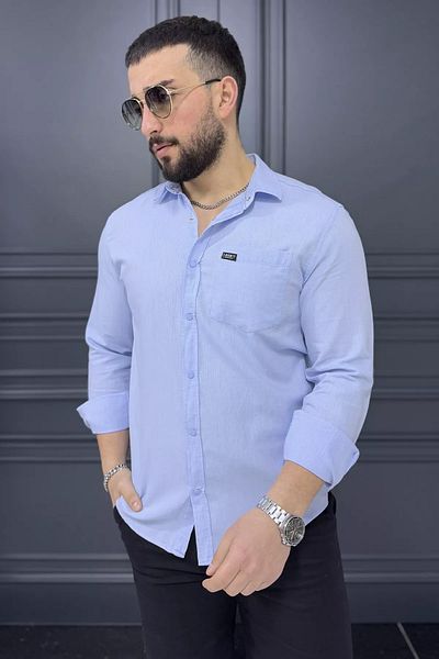 MİSHAR İTALİA Cămașă albastră pentru bărbați, cu un singur buzunar, cu mânecă lungă, cu închidere frontală