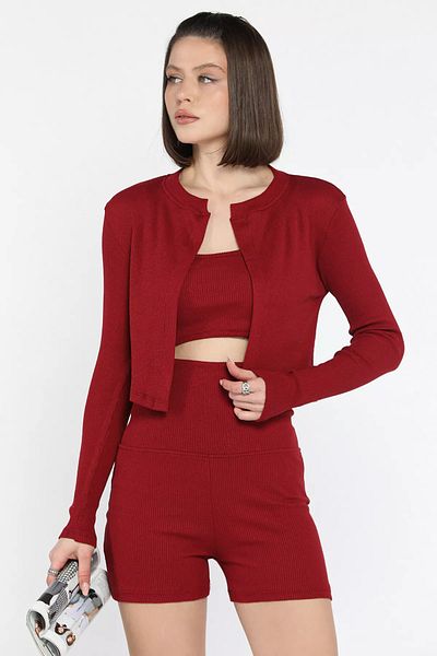 GÜLSELİ Claret Red Women's Camisole Crop Cardigan Shorts Three Piece Set