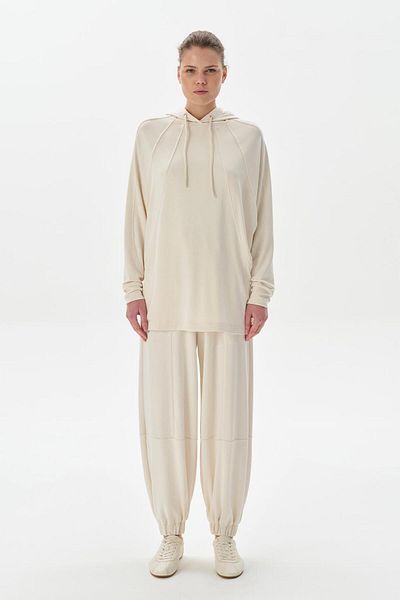 KADRİYE BAŞTÜRK Modal Knitted Hooded Oversize Sweatshirt Ecru
