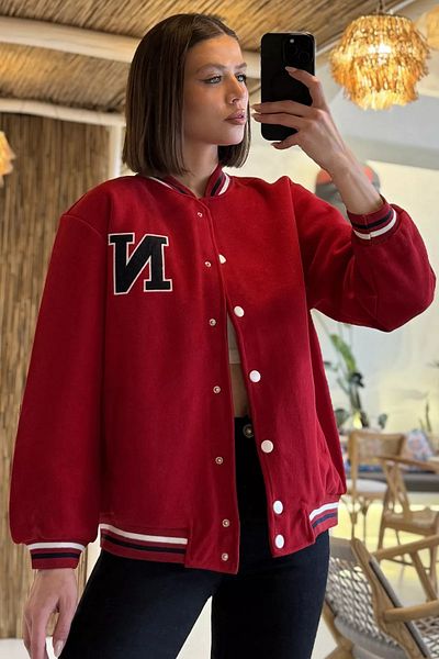 GÜLSELİ Red Women's Stripe Detailed Front Snap College Jacket