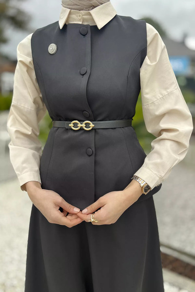 julude Black Women's Belt and Brooch Detailed Vest Skirt Hijab Double Suit