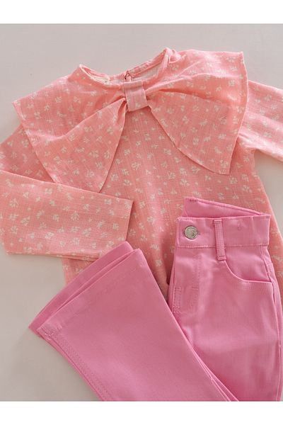 Cotton Trips Woven Bow Shirt Gabardine Trousers Suit 2-7 Years