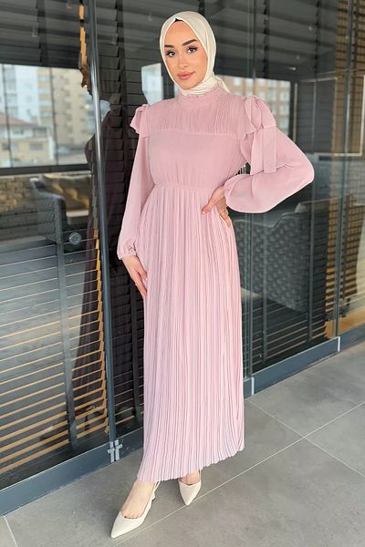 julude Powder Shoulder Detailed Pleated Hijab Chiffon Dress